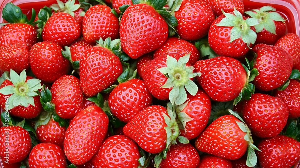 Ripe strawberries filling a tray, viewed from above, for baking, preserving or sale Ripe strawberries filling a tray, viewed from above, for baking, preserving or sale