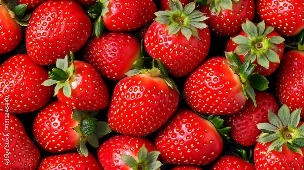 Ripe strawberries filling frame for product or menu background, top view, dark space Ripe strawberries filling frame for product or menu background, top view, dark space