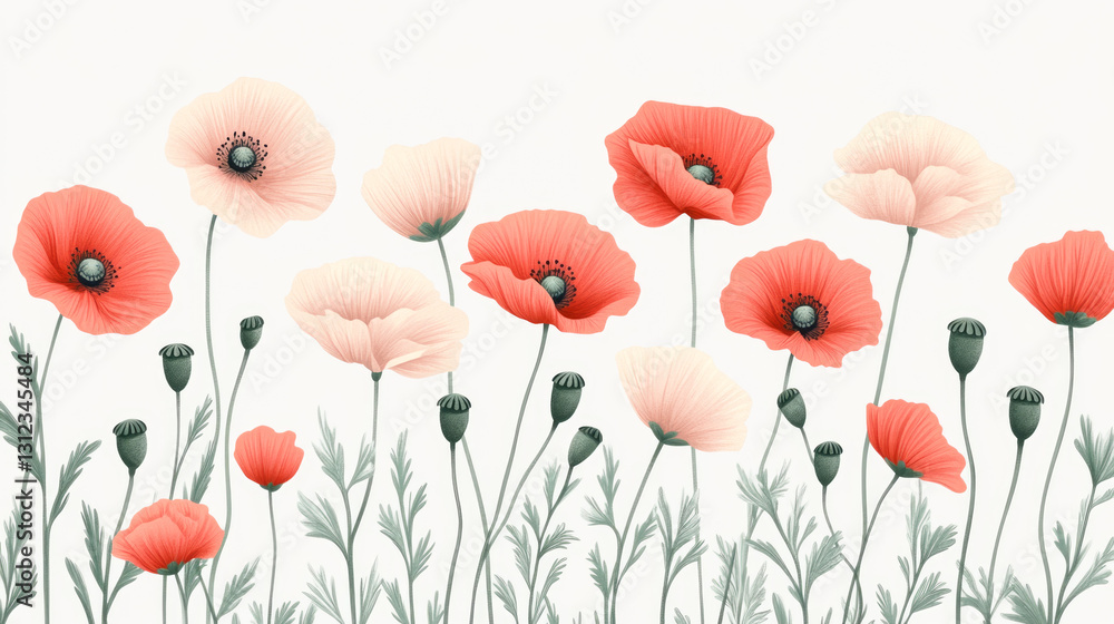 Naklejka premium Vibrant red and pink poppies blooming in minimalist floral design