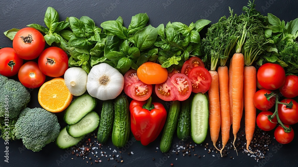 assorted vegetables like tomatoes cucumbers and carrots arranged as a colorful backdrop assorted vegetables like tomatoes cucumbers and carrots arranged as a colorful backdrop