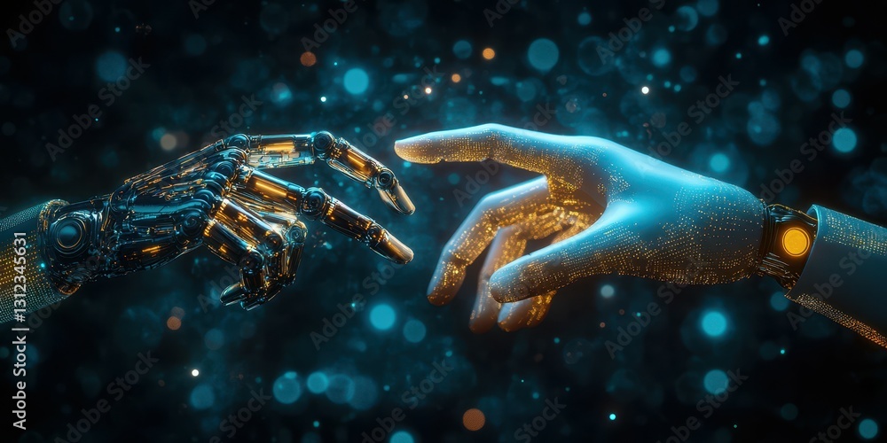 Advanced fusion of technology and humanity showcased through robotic and human hand interaction in a futuristic setting Advanced fusion of technology and humanity showcased through robotic and human hand interaction in a futuristic setting
