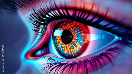 Vibrant medical illustration of a multicolored eye with detailed anatomical features, AI generated