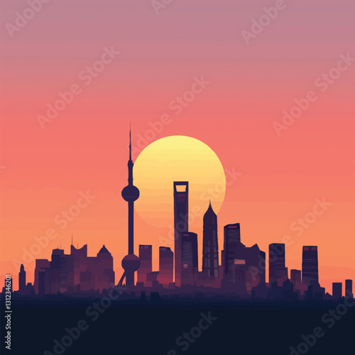 A flat 2D vector of a breathtaking city skyline with a sunset backdrop.