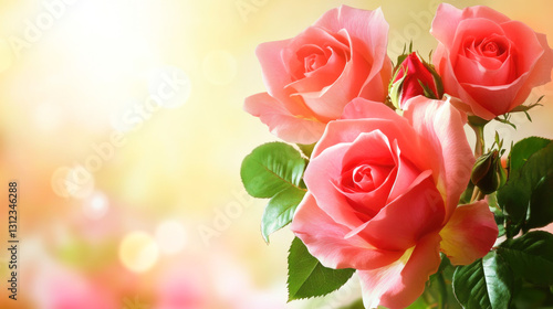 Fototapeta Naklejka Na Ścianę i Meble -  Beautiful pink roses in bloom with soft background light and green leaves