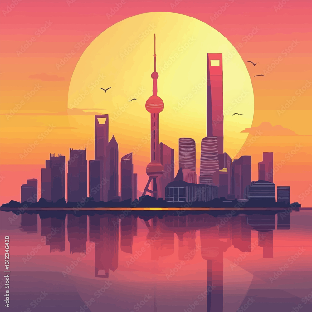 Obraz premium A flat 2D vector of a breathtaking city skyline with a sunset backdrop.