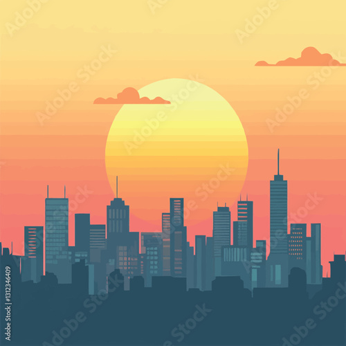 A flat 2D vector of a breathtaking city skyline with a sunset backdrop.