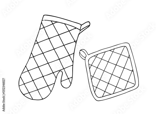Vector pot holders, Glove potholder. Graphic ink Oven Mitt, kitchen tool illustration isolated on background. Hand drawn line sketch. For designers, prints, logo, icon, menu, postcards, holiday