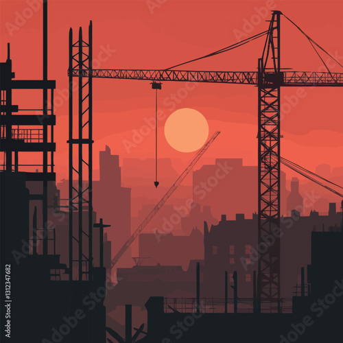 A flat 2D vector of an active construction site with cranes and scaffolding.