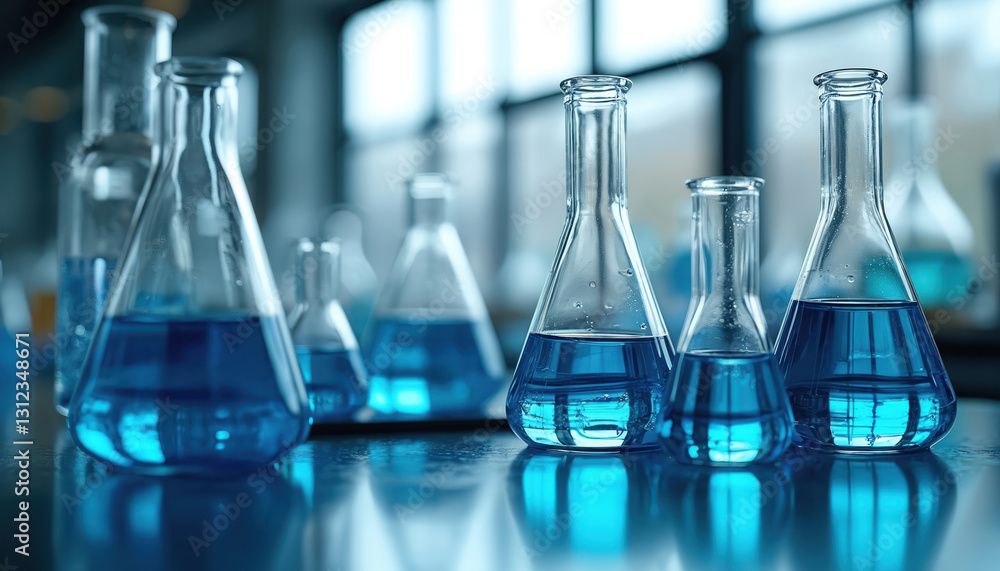 Glassware with blue liquid in modern laboratory. Beakers, flasks on workspace table. Science, chemistry experiment, pharmaceutical research, medicals, testing. Health care innovation, organic study, Glassware with blue liquid in modern laboratory. Beakers, flasks on workspace table. Science, chemistry experiment, pharmaceutical research, medicals, testing. Health care innovation, organic study,