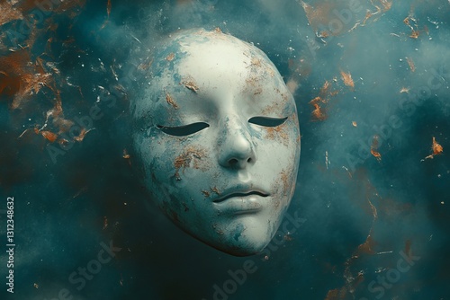 Ethereal Mask Surrounded by Colorful Clouds and Mystical Atmosphere