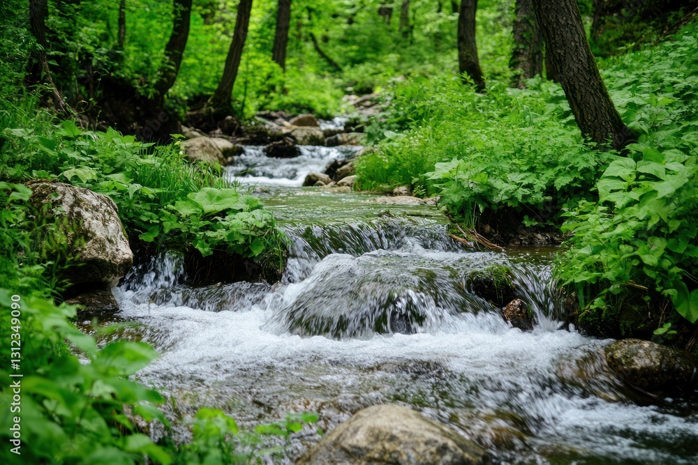 Gentle Stream Flowing Through Lush Green Forest in Summer Gentle Stream Flowing Through Lush Green Forest in Summer