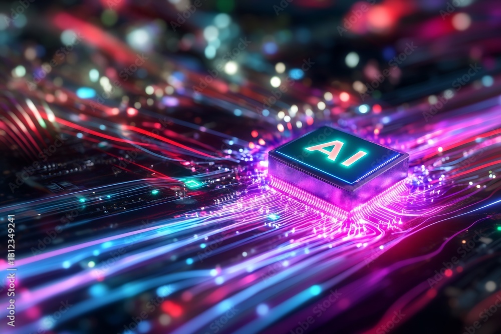 Fototapeta premium Glowing AI Processor Chip Transmitting Bright Data Signals in a Tech Environment : Generative AI