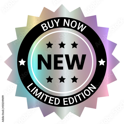 Color holographic sticker template,  foil effect label. Round Shiny Smooth Mirror Rainbow Emblem New, Exclusive, limited edition, buy now. Isolated on transparent background EPS10 Vector Illustration