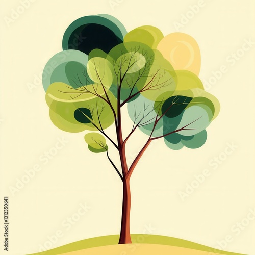 Vibrant abstract tree with colorful leaves on minimalist background.