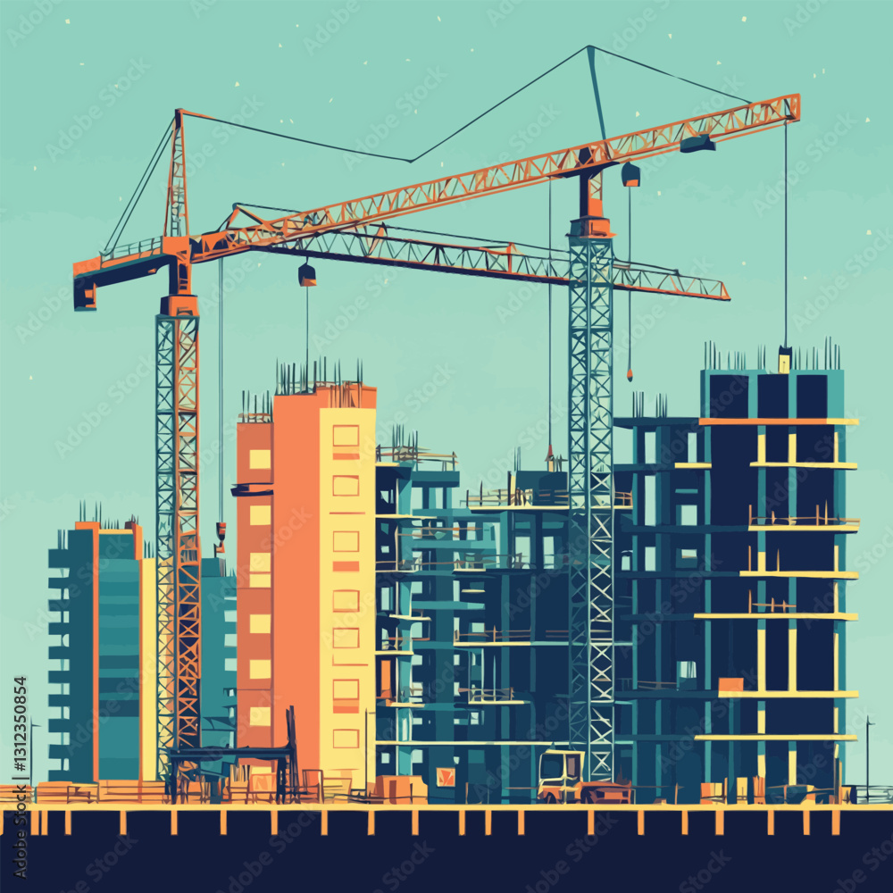 A flat 2D vector of an active construction site with cranes and scaffolding. A flat 2D vector of an active construction site with cranes and scaffolding.