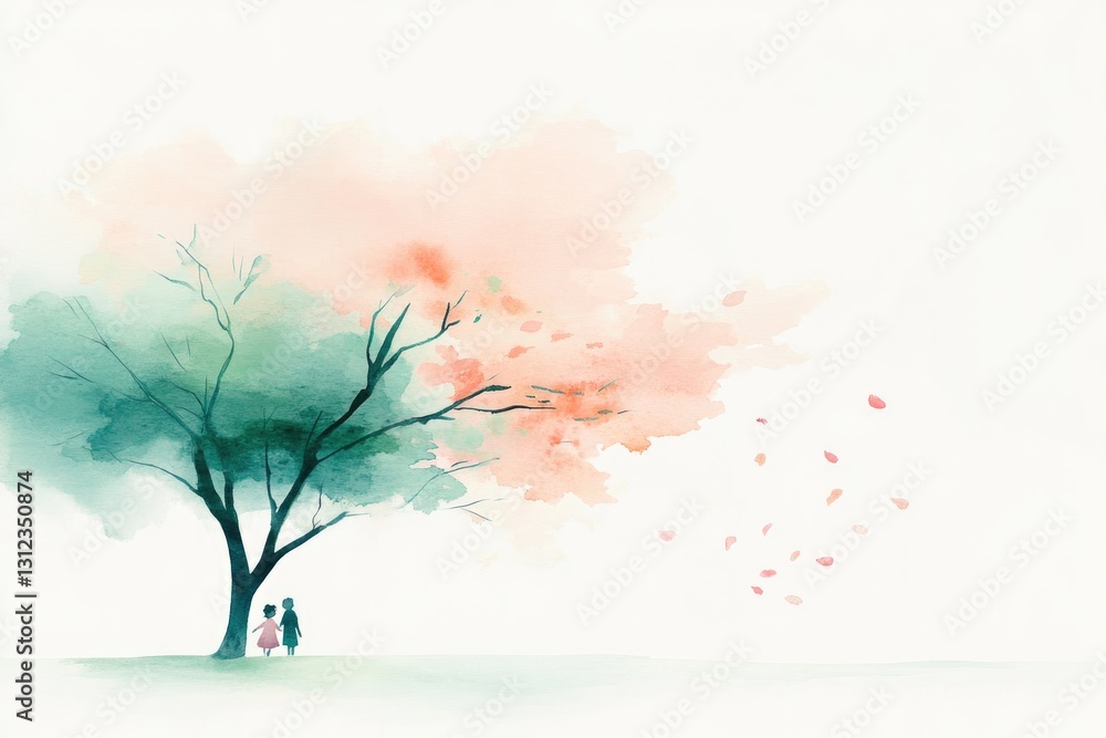 Obraz premium gentle watercolor illustration portrays serene mother-child scene under blossoming tree delicate petals float in breeze