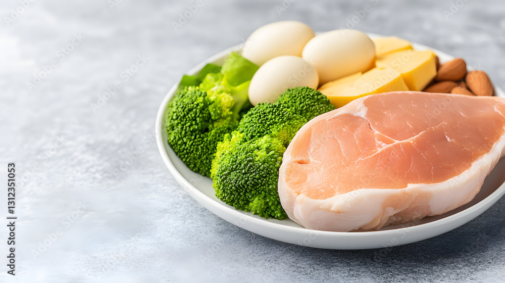Balanced meal plate with keto-friendly foods, featuring low-carb ingredients like avocados, eggs, and leafy greens, with a soft focus effect to highlight the healthy and nutritious meal.
Balanced meal plate with keto-friendly foods, featuring low-carb ingredients like avocados, eggs, and leafy greens, with a soft focus effect to highlight the healthy and nutritious meal.
