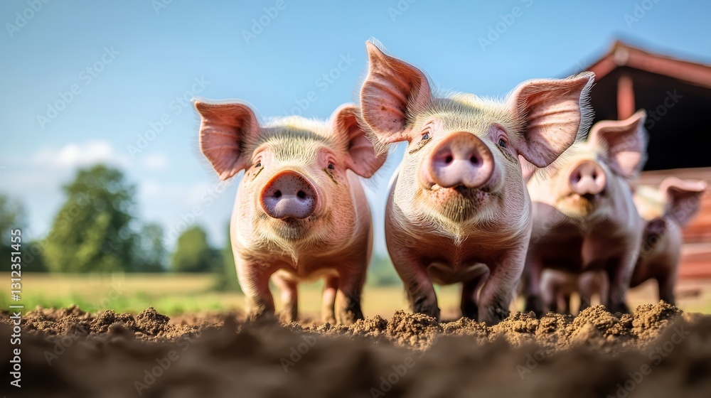Three pigs are standing in a field with one of them looking at the camera. Scene is lighthearted and playful, as the pigs seem to be enjoying their time in the field Three pigs are standing in a field with one of them looking at the camera. Scene is lighthearted and playful, as the pigs seem to be enjoying their time in the field