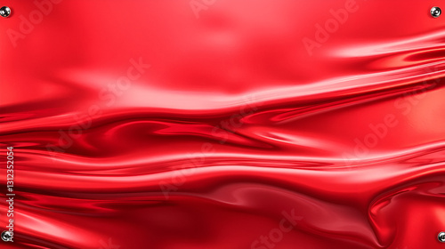 A scarlet brass background with smooth folds, chrome plating, and silver accents. Shimmering velveteen textures flow across the oil-draped surface.