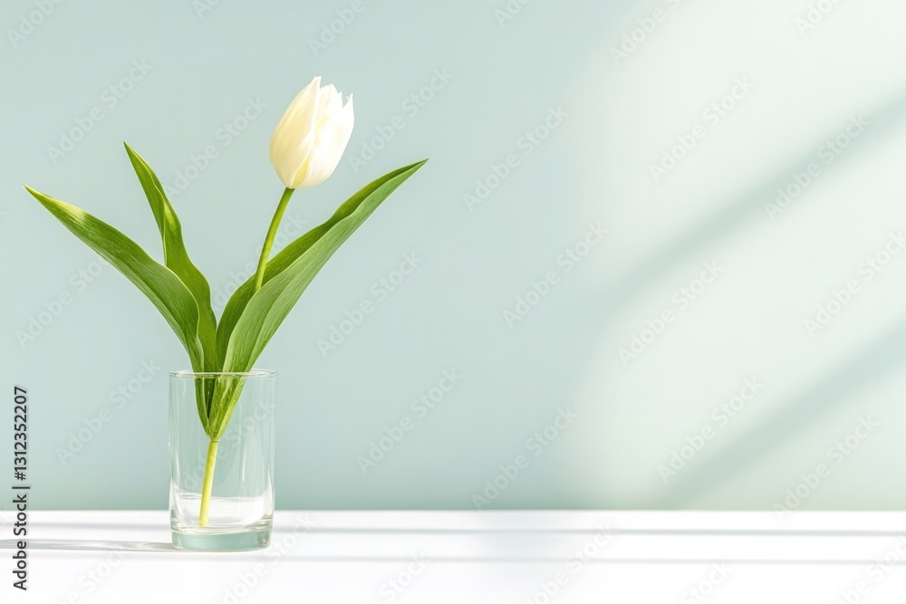 lone delicate tulip in small glass vase on white surface symbolizes maternal love and grace serene sunlit room with lone delicate tulip in small glass vase on white surface symbolizes maternal love and grace serene sunlit room with