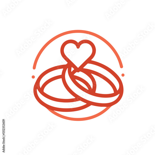 Wedding rings with heart symbol in modern line art style, red color, for love and marriage themes