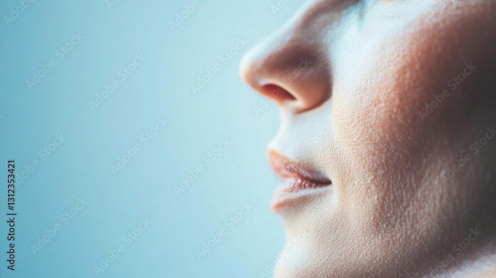 Obraz premium Close up profile of woman face with soft lighting and smooth skin, conveying calmness and serenity