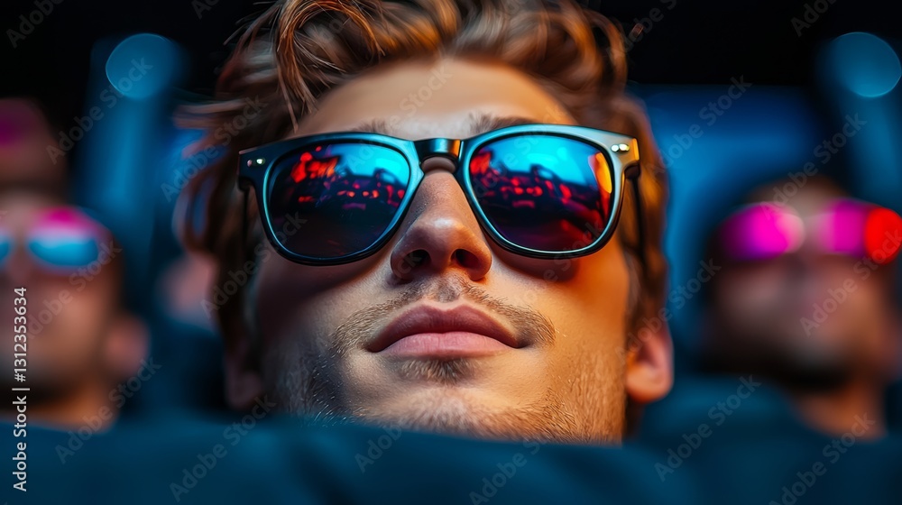 Man wearing sunglasses is looking at the camera. The sunglasses are blue and reflect the light. The man is smiling, and the scene appears to be a movie theater Man wearing sunglasses is looking at the camera. The sunglasses are blue and reflect the light. The man is smiling, and the scene appears to be a movie theater