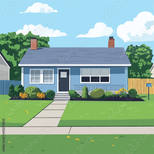 A flat 2D vector of a cozy suburban house with a green front yard.