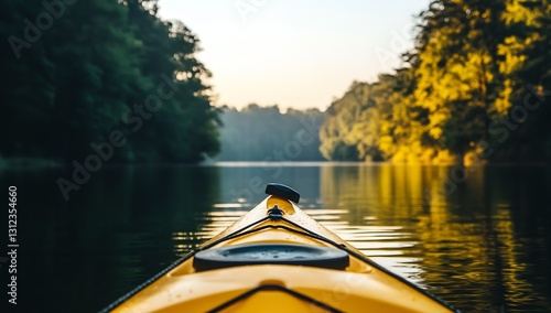 Serene early morning on a peaceful lake viewed from the front of a yellow kayak : Generative AI