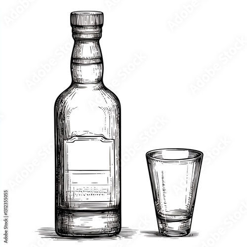 Hand drawn Vintage Liquor Bottle and Shot Glass Illustration Sketch Design