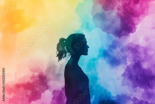 Silhouette of Woman Against Colorful Abstract Background Design