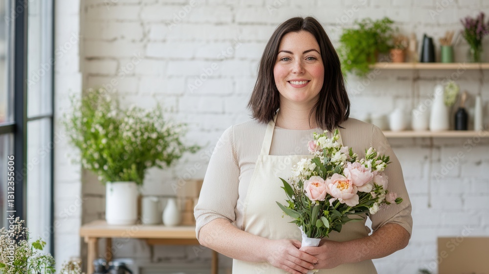 Smiling caucasian young female florist holding pink flower bouquet in shop. Smiling caucasian young female florist holding pink flower bouquet in shop.
