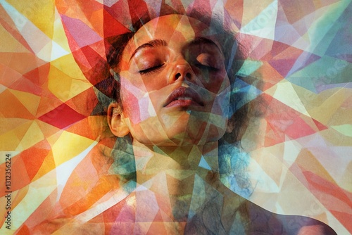 Abstract Portrait with Colorful Geometric Patterns Overlaid