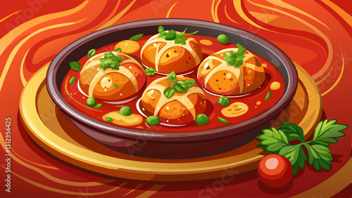 Delicious Paneer Stuffed Dum Aloo in Rich Red Gravy - Indian Cuisine Stock Photo