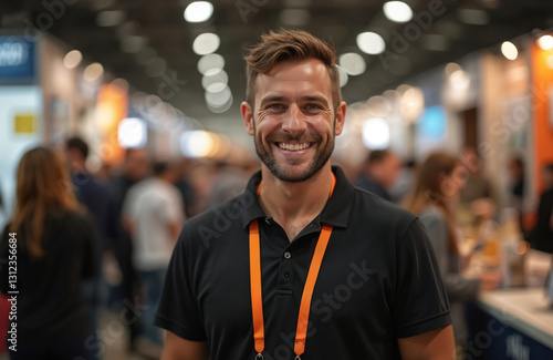Close-up portrait of smiling man exhibiting product at trade fair. Modern business communication, interaction with customers, brand promotion, networking opportunities at expo event. Pro presentation