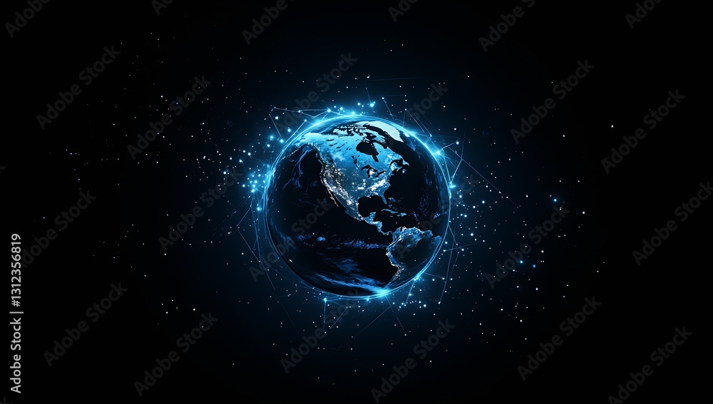 Futuristic earth model in space surrounded by glowing lights and interconnected data lines showcasing technology : Generative AI Futuristic earth model in space surrounded by glowing lights and interconnected data lines showcasing technology : Generative AI