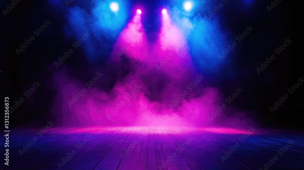 Fototapeta premium Neon Stage Lighting, Purple and Blue Smoke on Wooden Floor