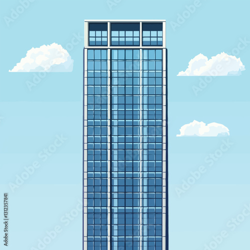 A flat 2D vector of a modern skyscraper with reflective glass facades.