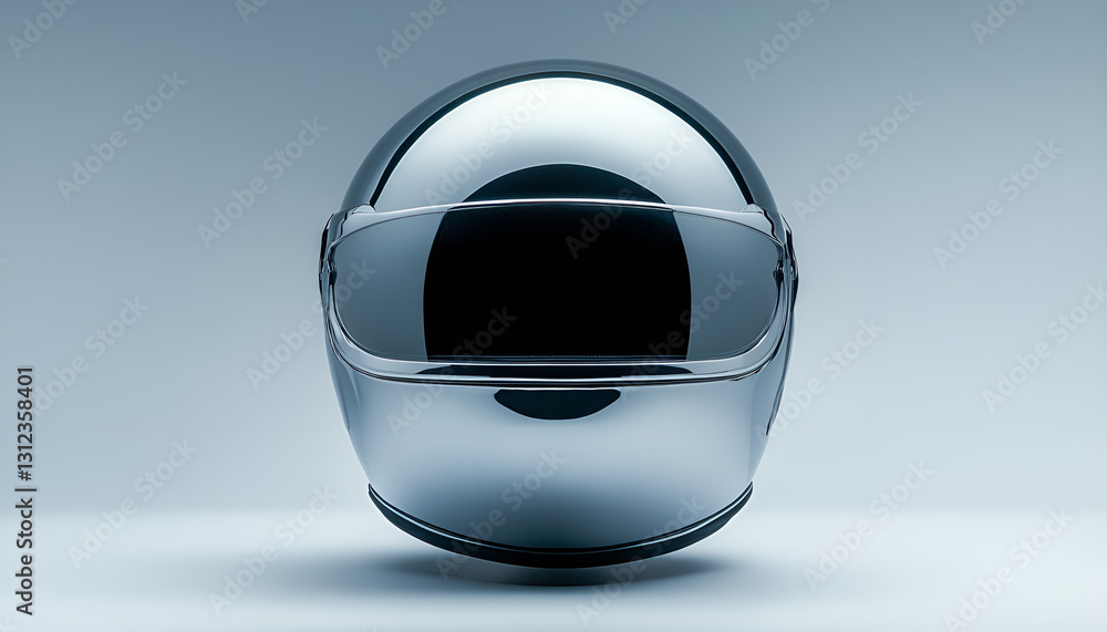 Modern motorcycle helmet with visor on mirror surface against light grey background. Space for text Modern motorcycle helmet with visor on mirror surface against light grey background. Space for text