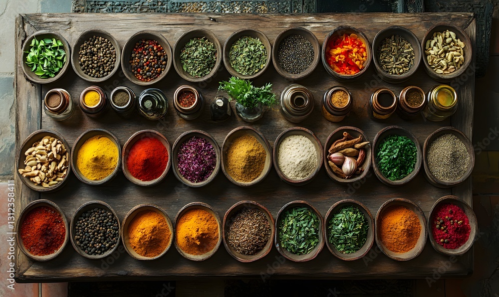 Assorted spices and herbs in wooden bowls on a rustic table display Assorted spices and herbs in wooden bowls on a rustic table display