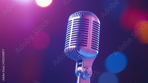 Close up view of a vintage silver microphone against a bokeh background of purple and blue lights. The microphone is the central focus