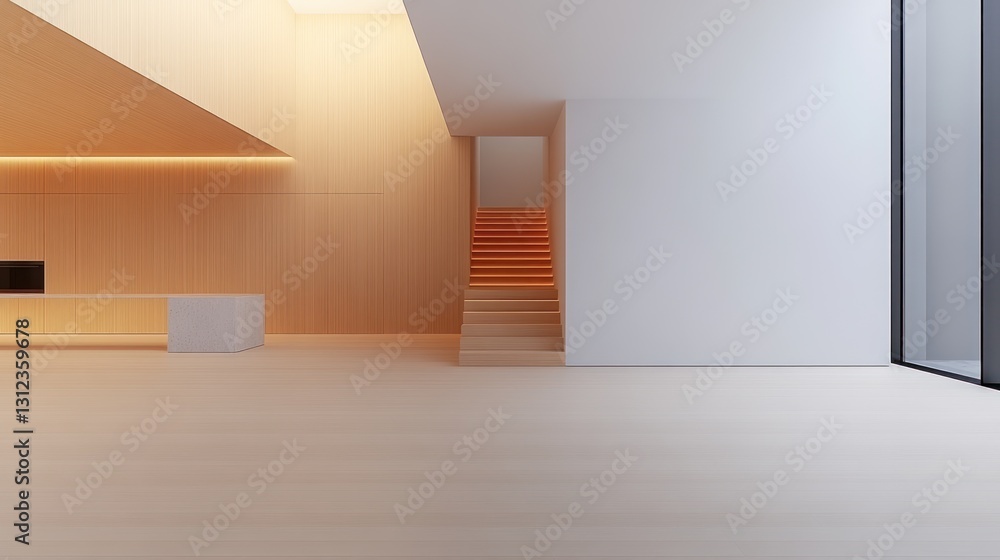 Fototapeta premium Modern Minimalist Interior Design: Open Space with Wooden Walls and Orange Staircase