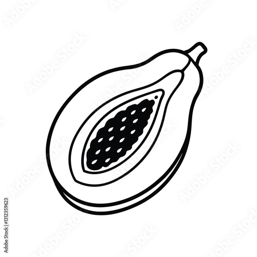 Black and White Papaya Illustration Hand-Drawn Tropical Fruit Art