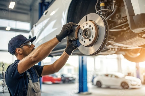Mechanic working on car brakes in garage workshop.