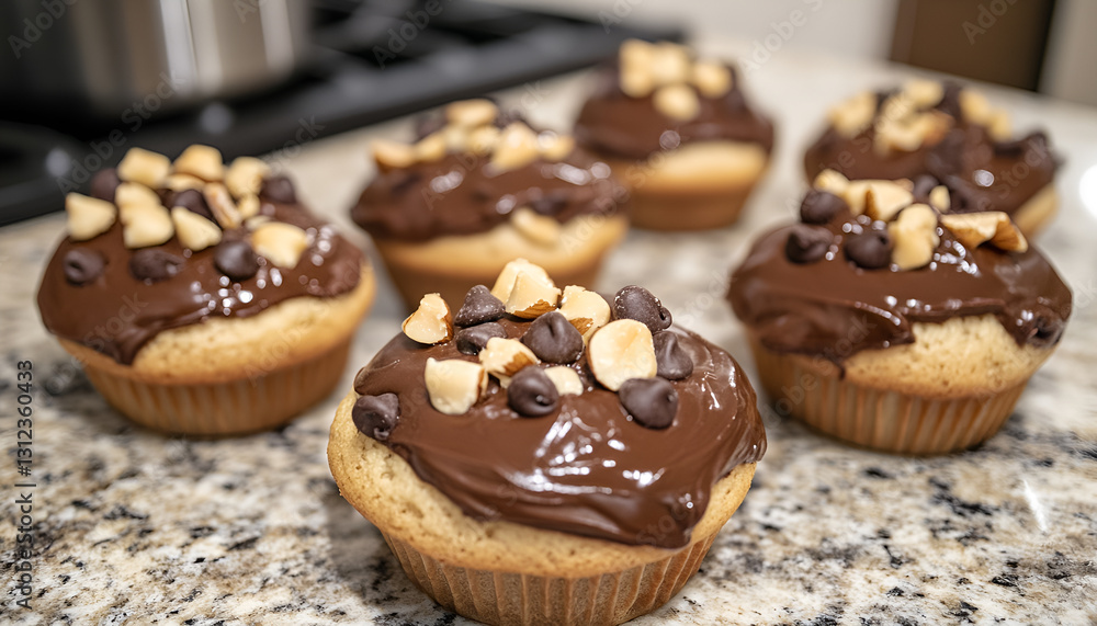 Chocolate chip muffins decorated with chocolate ganache and hazelnut on a kitchen countertop Chocolate chip muffins decorated with chocolate ganache and hazelnut on a kitchen countertop