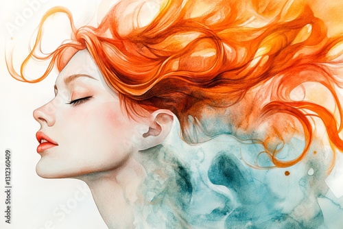 Vibrant Portrait of Woman with Flowing Red Hair and Abstract Background