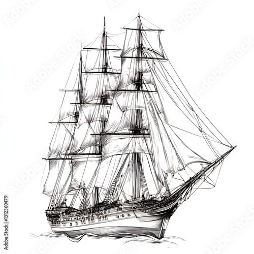 Wallpaper Mural Majestic Sailing Ship Detailed Line Drawing of a Three Masted Clipper Ship at Sea Torontodigital.ca