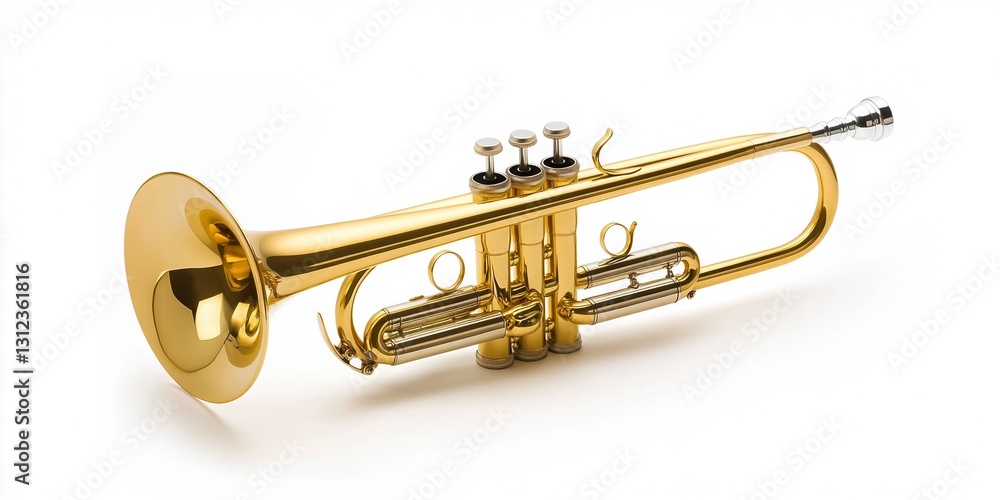 Gold trumpet on white background, showcasing musical instrument detail. Shiny brass finish, valves, and bell are visible. Studio lighting Gold trumpet on white background, showcasing musical instrument detail. Shiny brass finish, valves, and bell are visible. Studio lighting