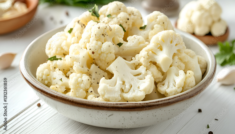 Delicious cooked cauliflower on white wooden table, close-up Delicious cooked cauliflower on white wooden table, close-up