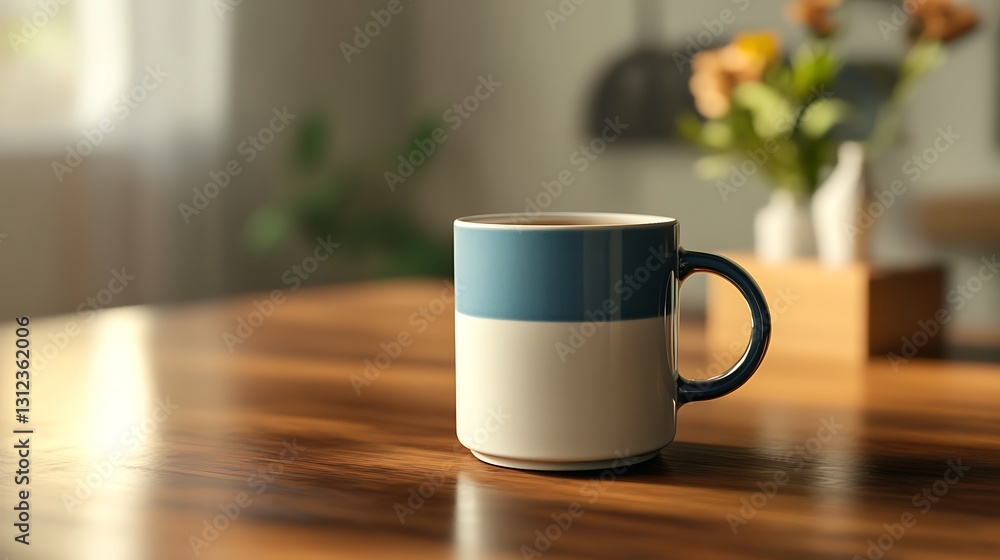 A blue and white mug sits on a wooden table in a sunlit room. A blue and white mug sits on a wooden table in a sunlit room.